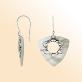 “Sterling silver triangle earrings with luminous Mother of Pearl – handcrafted Bali jewelry with floral filigree, elegant gift for her”